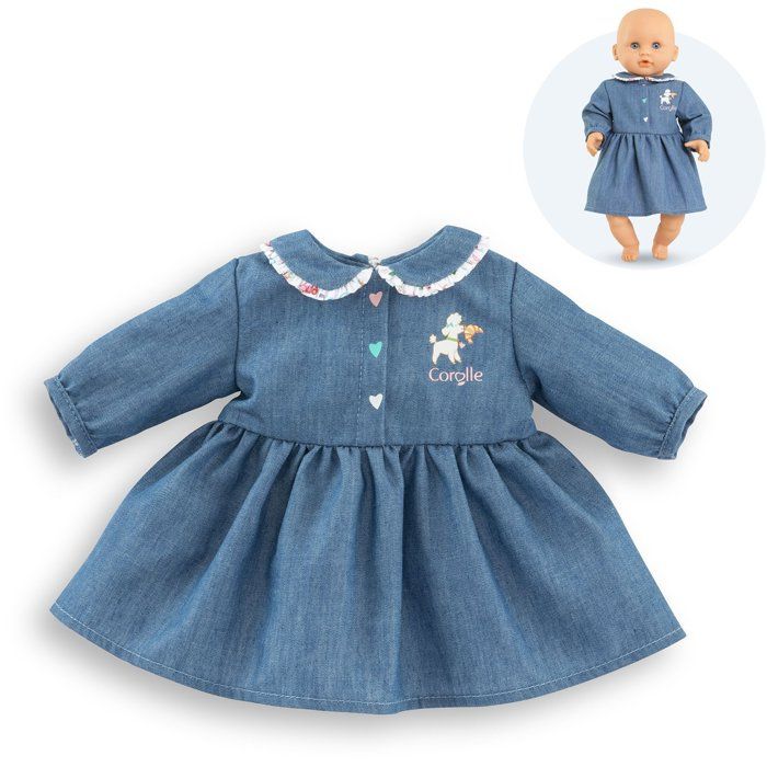 Robe Week-end a Paris - Corolle - 30 cm - Imitation denim - Col claudine - Broderies coeurs