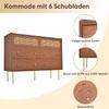 Chest of drawers with 6 drawers, rattan sideboard highboard for bedroom & all living areas, walnut - H90/W120/D40 cm