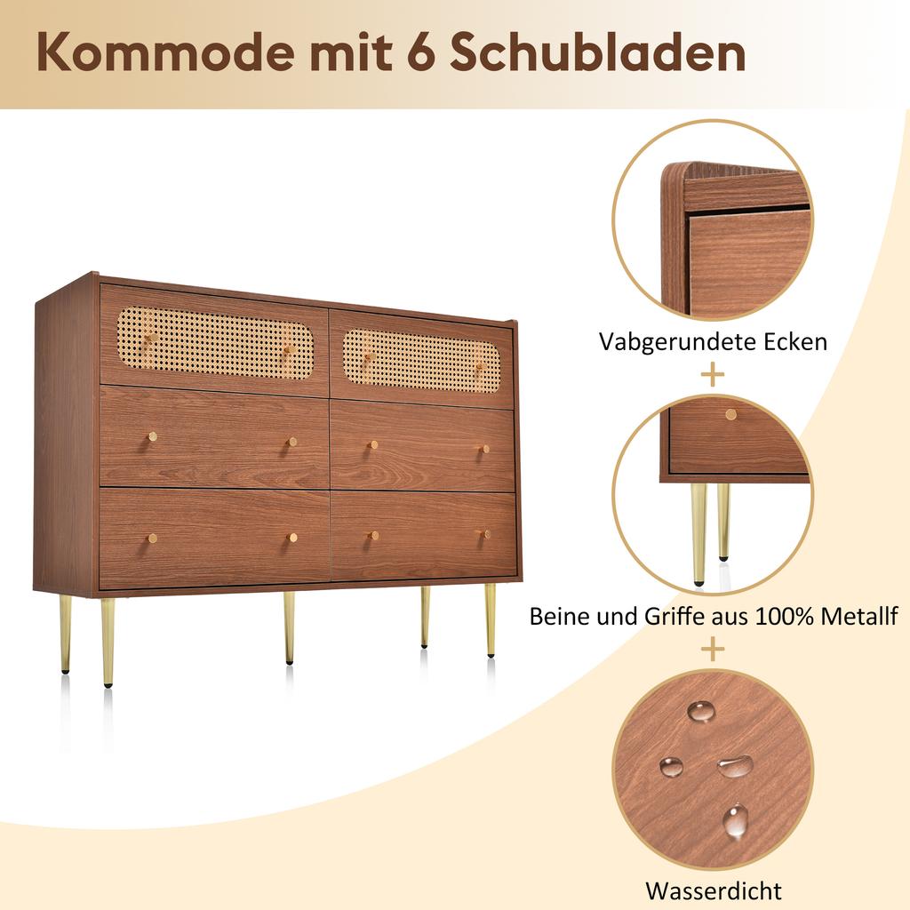 Chest of drawers with 6 drawers, rattan sideboard highboard for bedroom & all living areas, walnut - H90/W120/D40 cm