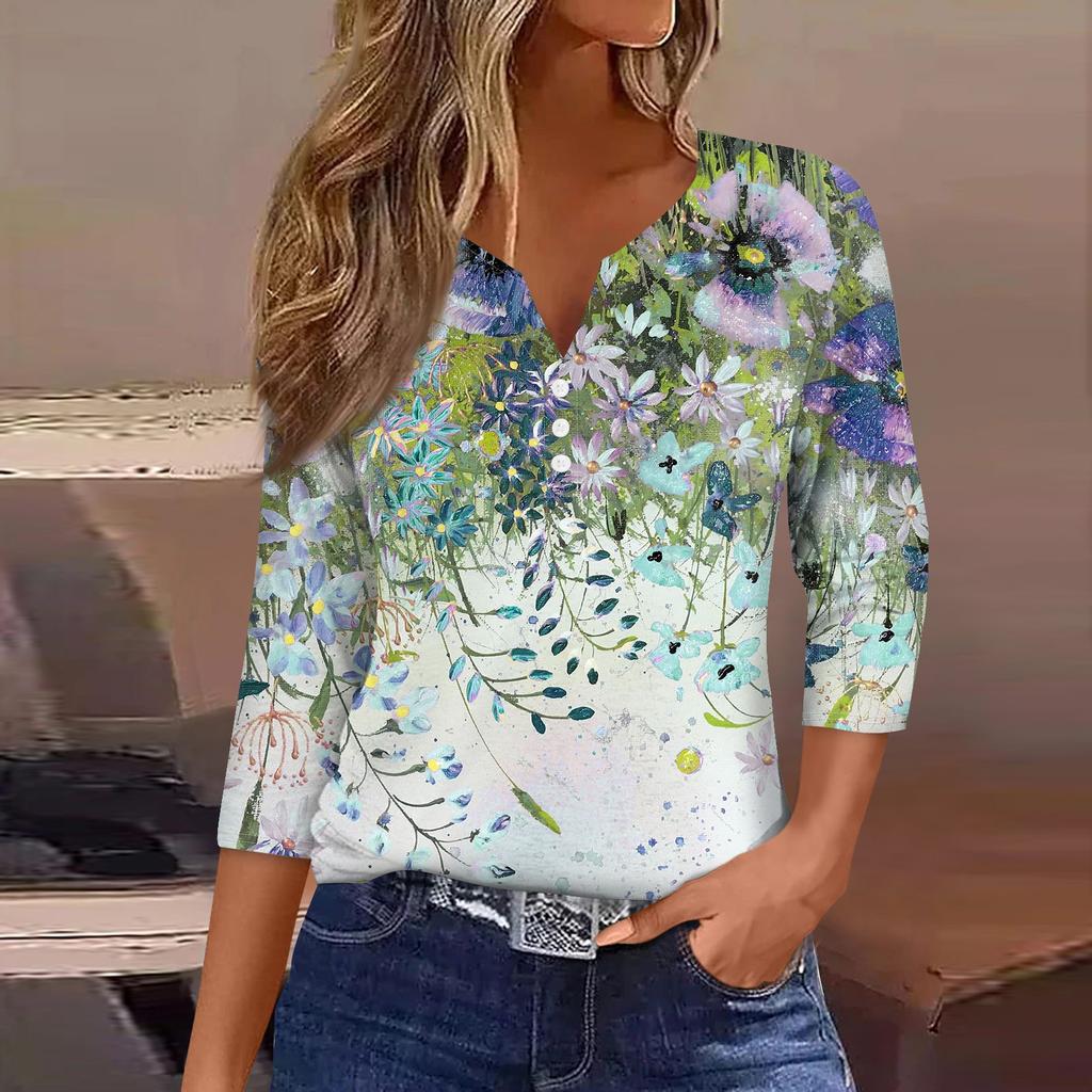 Жен. Футболка Футболка С принтом Пуговицы Рукав 3/4 Повседневные Выходные Мода Классический Классический V-образный вырез Обычный Верх