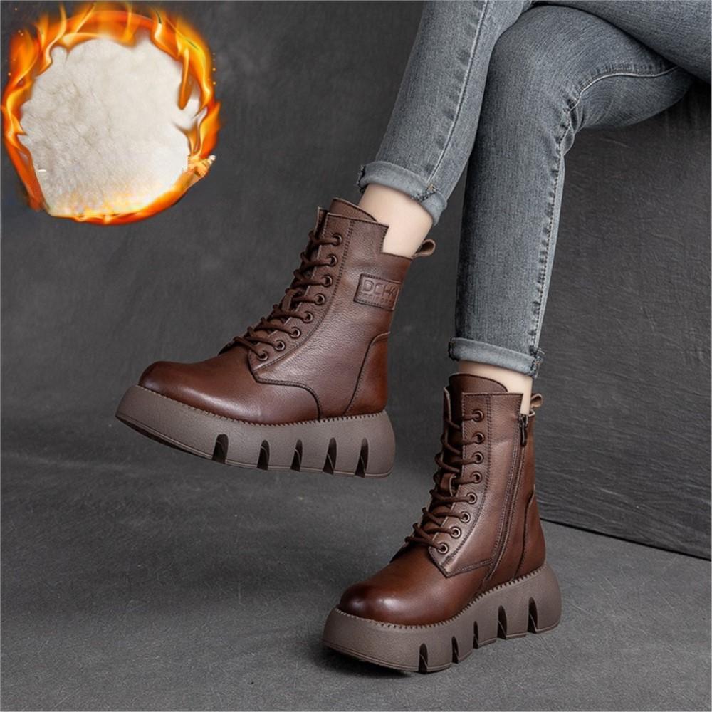 Johnature Женские ботинки из натуральной кожи, зимние ботинки на молнии с круглым носком, женские шитье, ботильоны ручной работы на платформе в стиле ретро
