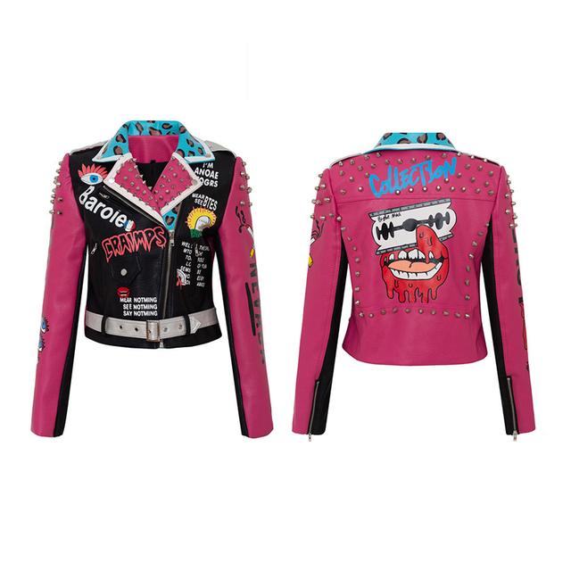 Весенние короткие кожаные куртки с рисунком черепа в стиле граффити для женщин в стиле панк, тонкая уличная одежда с заклепками, мотоциклетные куртки, пальто