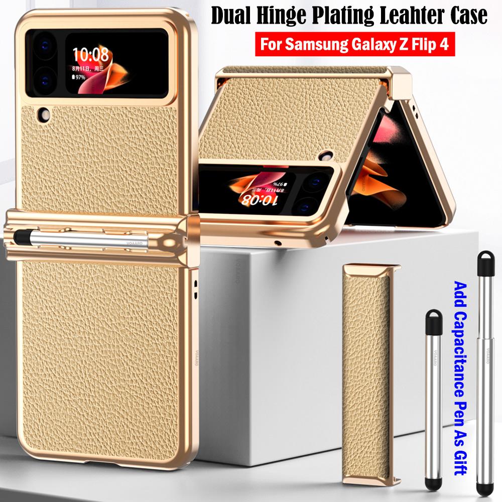 For Samsung Z Flip 4 Case Dual Hinge With Pen Slot Plating Leather Cover For Galaxy Z Flip 4 Hinge Case +Capacitance Touch Pen