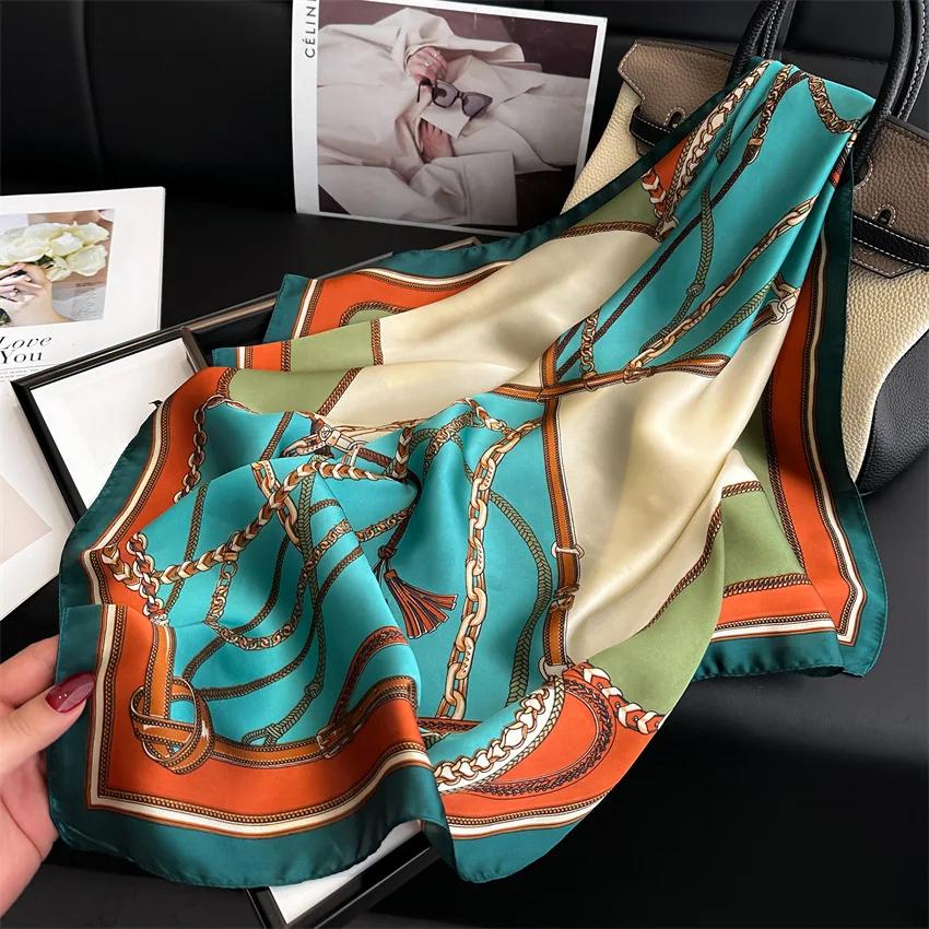 Imitation Silk Square Scarf Women Luxury Print Soft Satin Kerchief Hairband Neckerchief Foulard Bag Ribbon