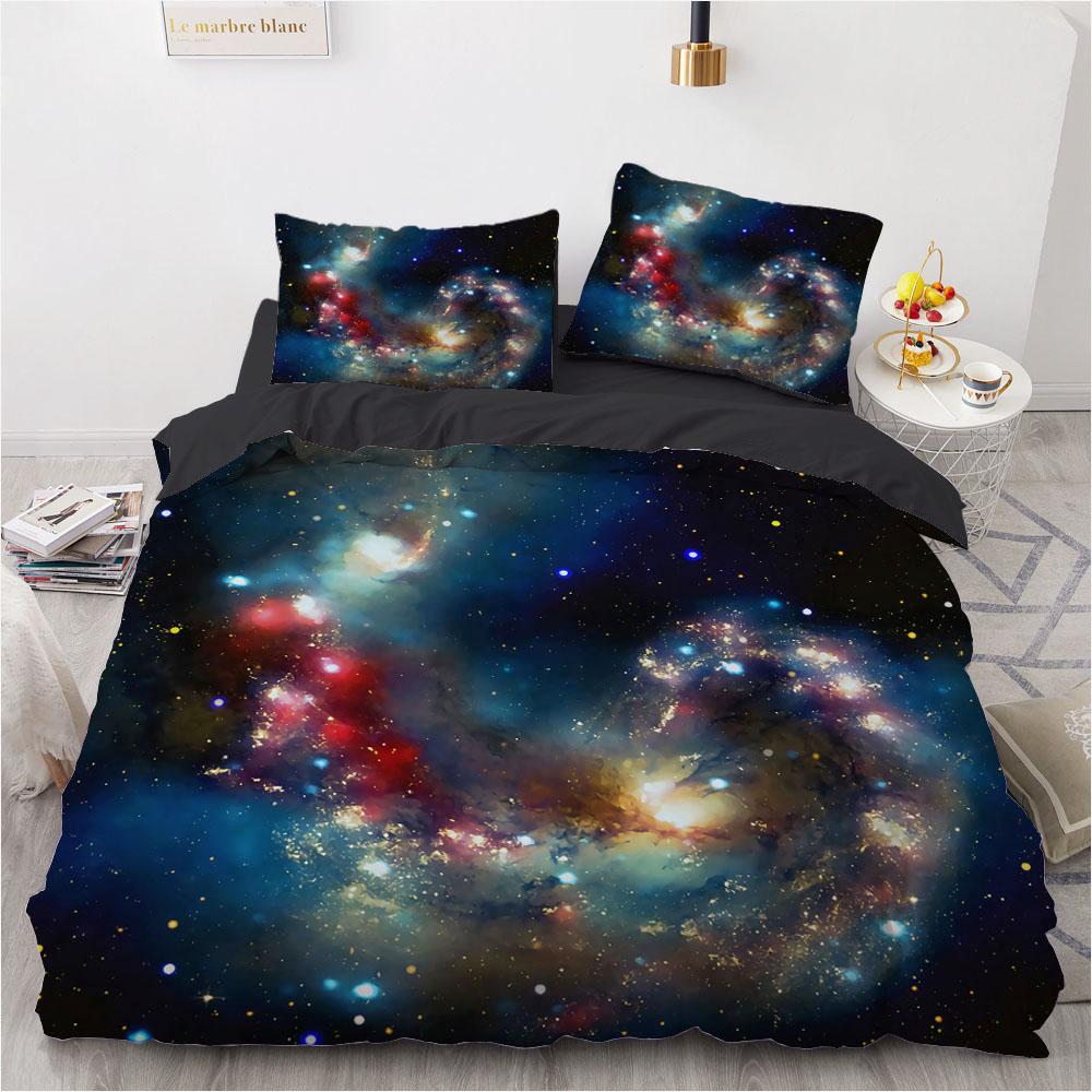 3D Galaxy King Queen Пододеяльник Звездное небо Постельное белье Вселенная Пододеяльник Космос Мягкий 2/3 шт. Покрывало Темно-синий