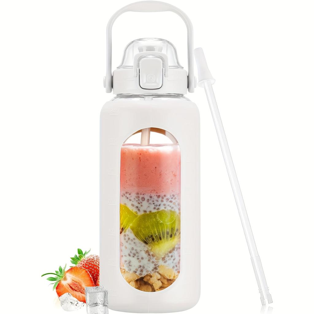 64oz Glass Water Bottles With Straw And Lid Half Gallon Water Bottle With Time Marker Leakproof Glass Water Bottles With Silicone Sleeve