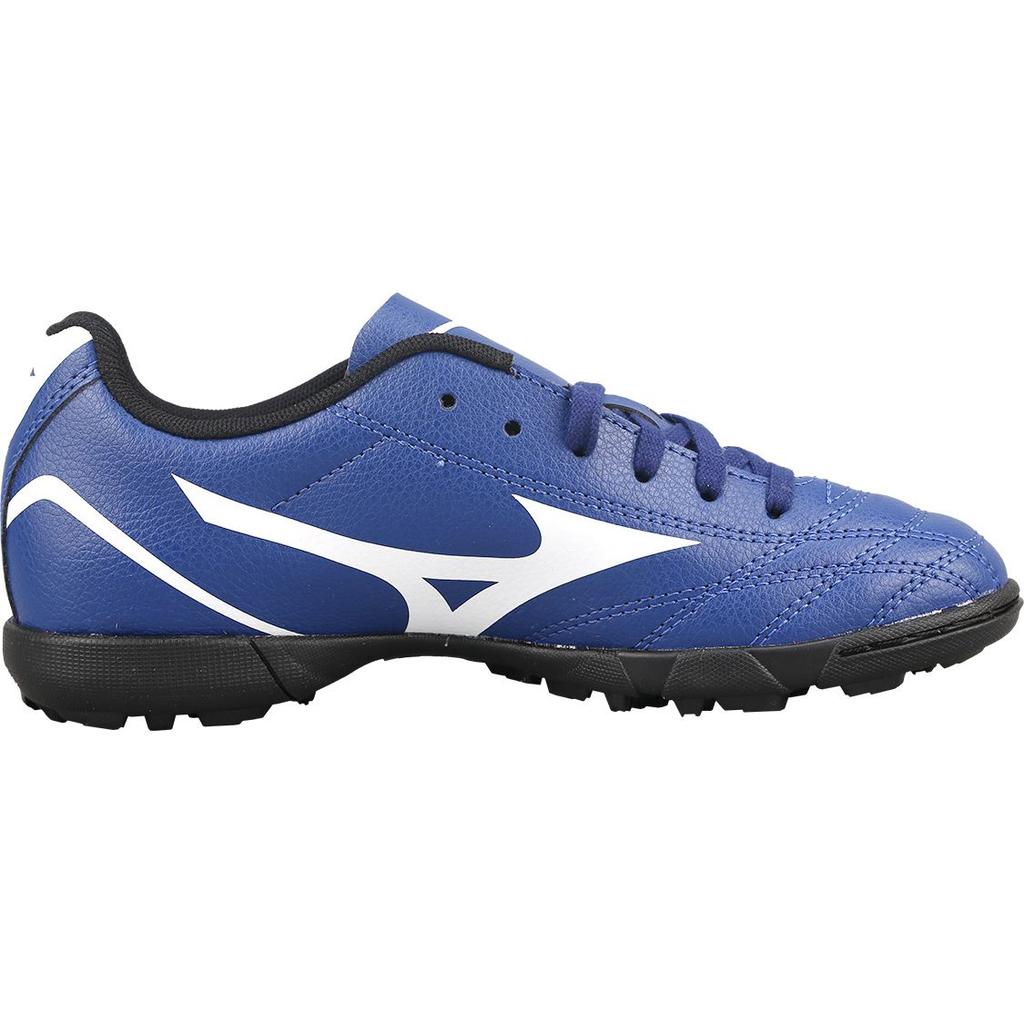 Mizuno Потреро Вайд Джуниор. Круглый носок, шнуровка, нескользящие, прочные, низкие, детские футбольные бутсы, детские футбольные бутсы, сине-белые, P1GE189227