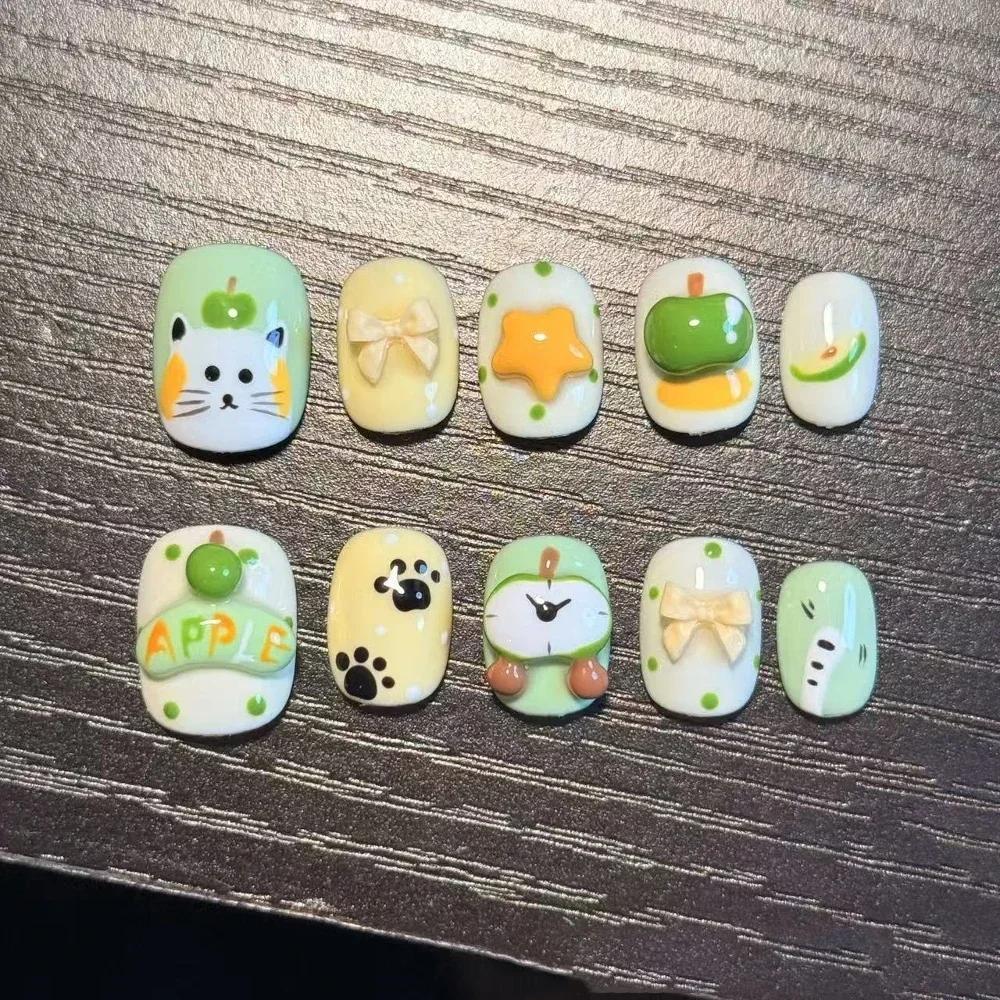 Cute Cartoon Animal Handmade Press On Nails With Cake Bread Bowknot Snowflake Apple Flower Stickers For Party Decoration