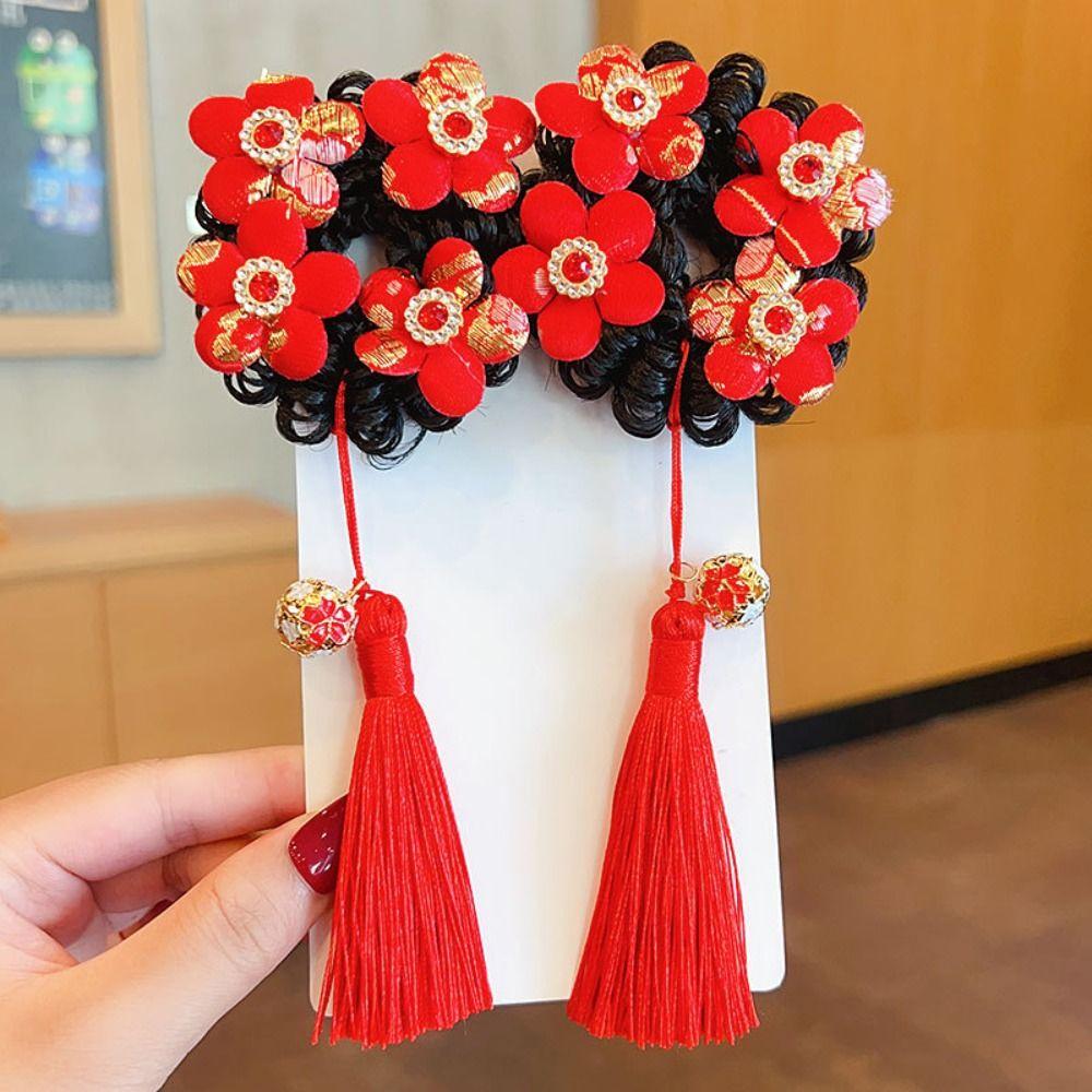 Flower Children Hanfu Hair Ring Red Ancient Style Scrunchines Bow Wig Braid Hair Rope  Baby