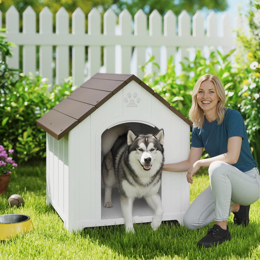 Outdoor Dog House Extra Large Plastic Dog House With 2 Windows Elevated Base Stakes Dark Brown