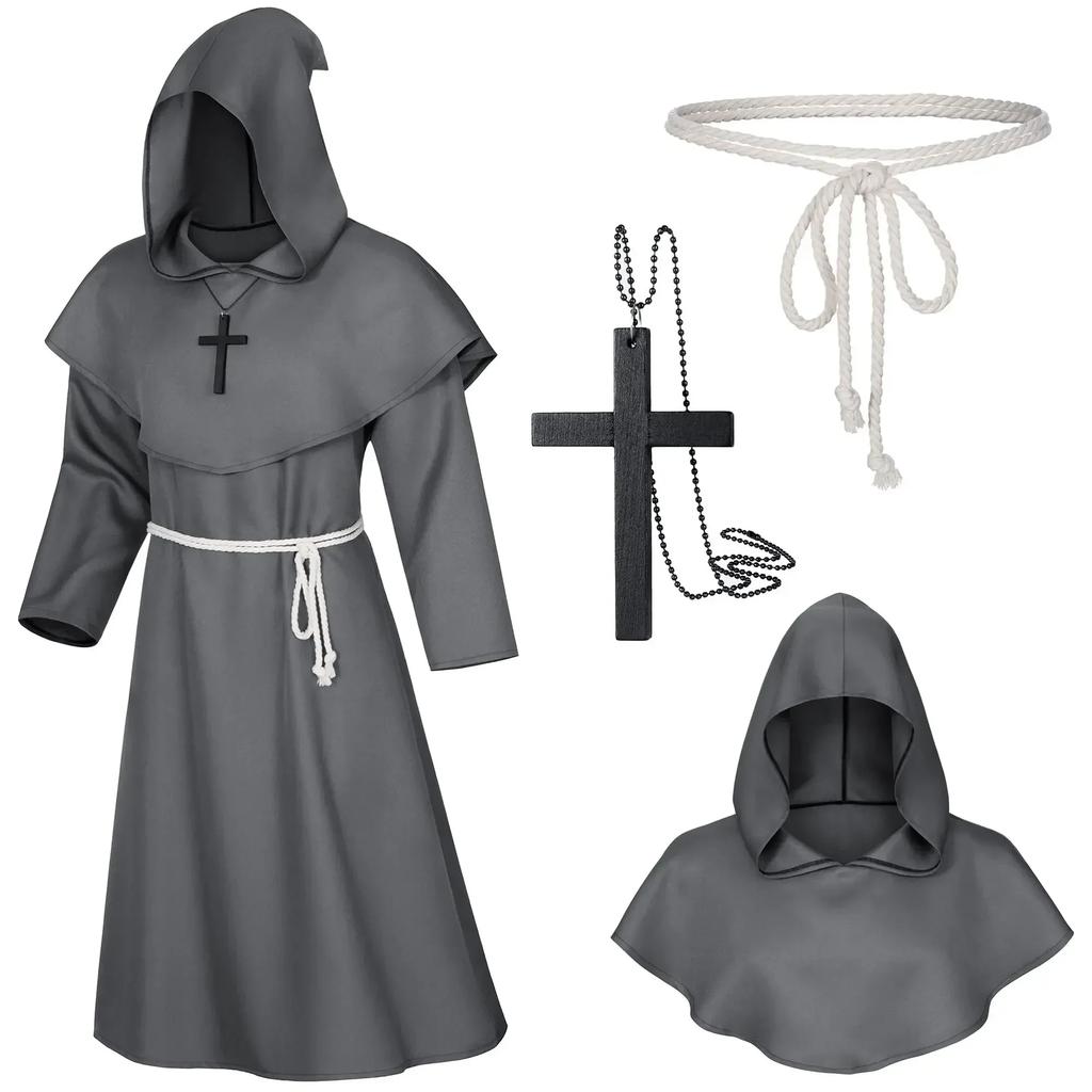 Medieval Monk Hood Cloak Sorcerer Priest Costumes Halloween Robe Wizard Knight Cape Adult Teens Outfit Party Props Set