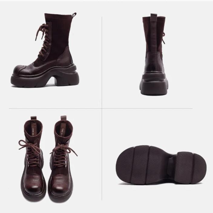 Johnature Genuine Leather Splicing Stretch Fabric Thick Soled Mid-calf Boots Versatile Women's Platform Boots