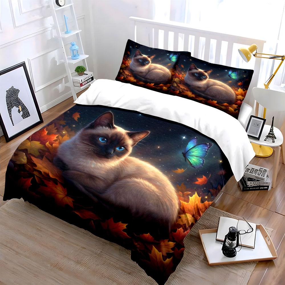 Blue-eyed Cat with Butterfly and Autumn Leaves Print Bedding Set 1 Duvet Cover 2 Pillowcases for Adult and Children Luxury Gift