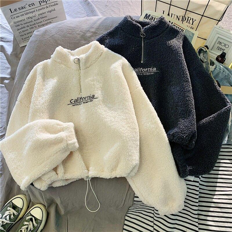 Autumn Winter Warm Cashmere Sweatshirt Women's Fashion Plush Loose Letter Korean Short Jacket Sweatshirt