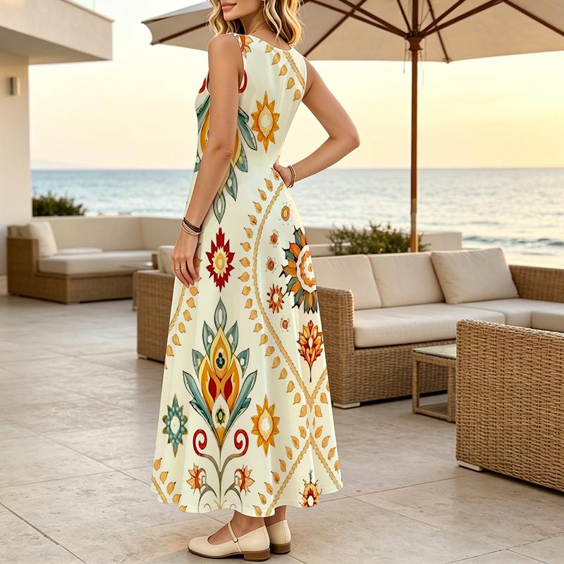 Women's Sleeveless Long Dress,Colorful Floral Design,Comfy Fabric,Versatile Summer Dress for Daily Wear & Parties