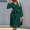 Women's Fashion Fall Winter Solid Color Print Long Sleeve V-Neck Casual Dresses