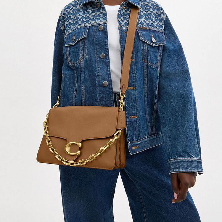 Coach Полосатая кожаная сумка-тоут через плечо 30 Женские сумки Медово-коричневая CY920-B4T7J