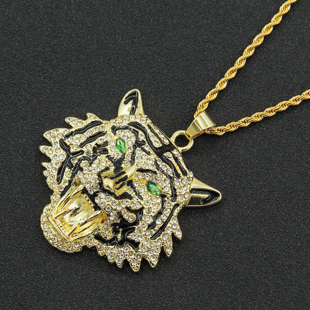 Exaggerated Green Eyes Tiger Head Pendant Necklace Men's Cool Nightclub Disco Accessories Pendant