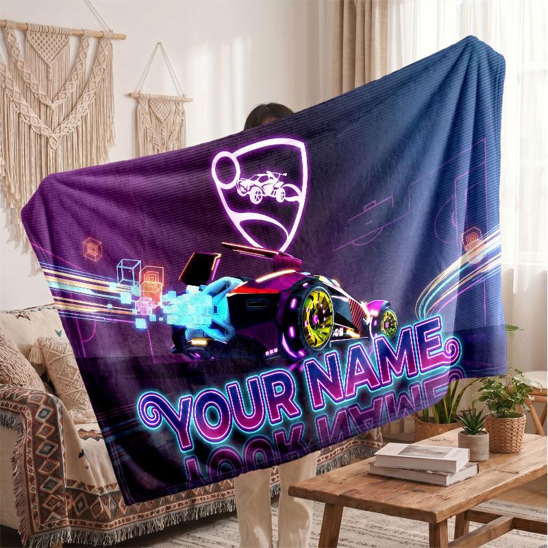 Rocket League Personalized Flannel Blanket, Custom Printed Text Name, Warm Soft Blanket For Couch Bed