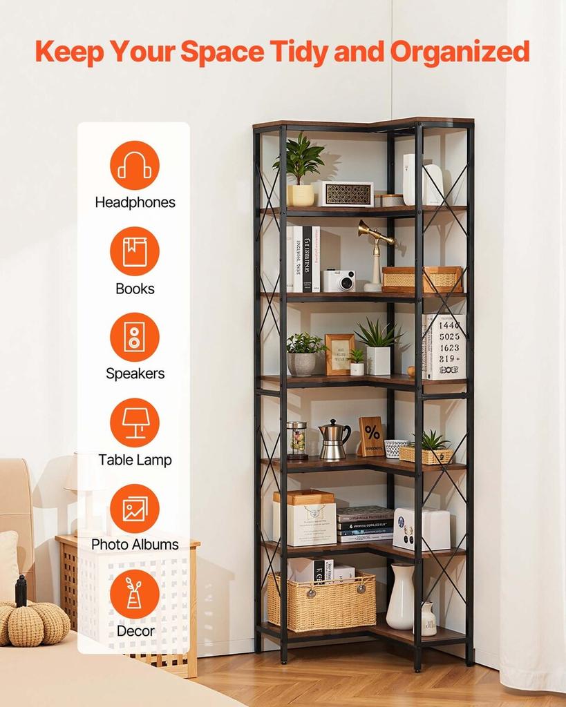 7 Tier Corner Bookshelf, Tall Corner Bookcase Strage, Large L-Shaped Bookshelf Organizer with Metal Frame & Wooden Shelves, Reversible Display Book