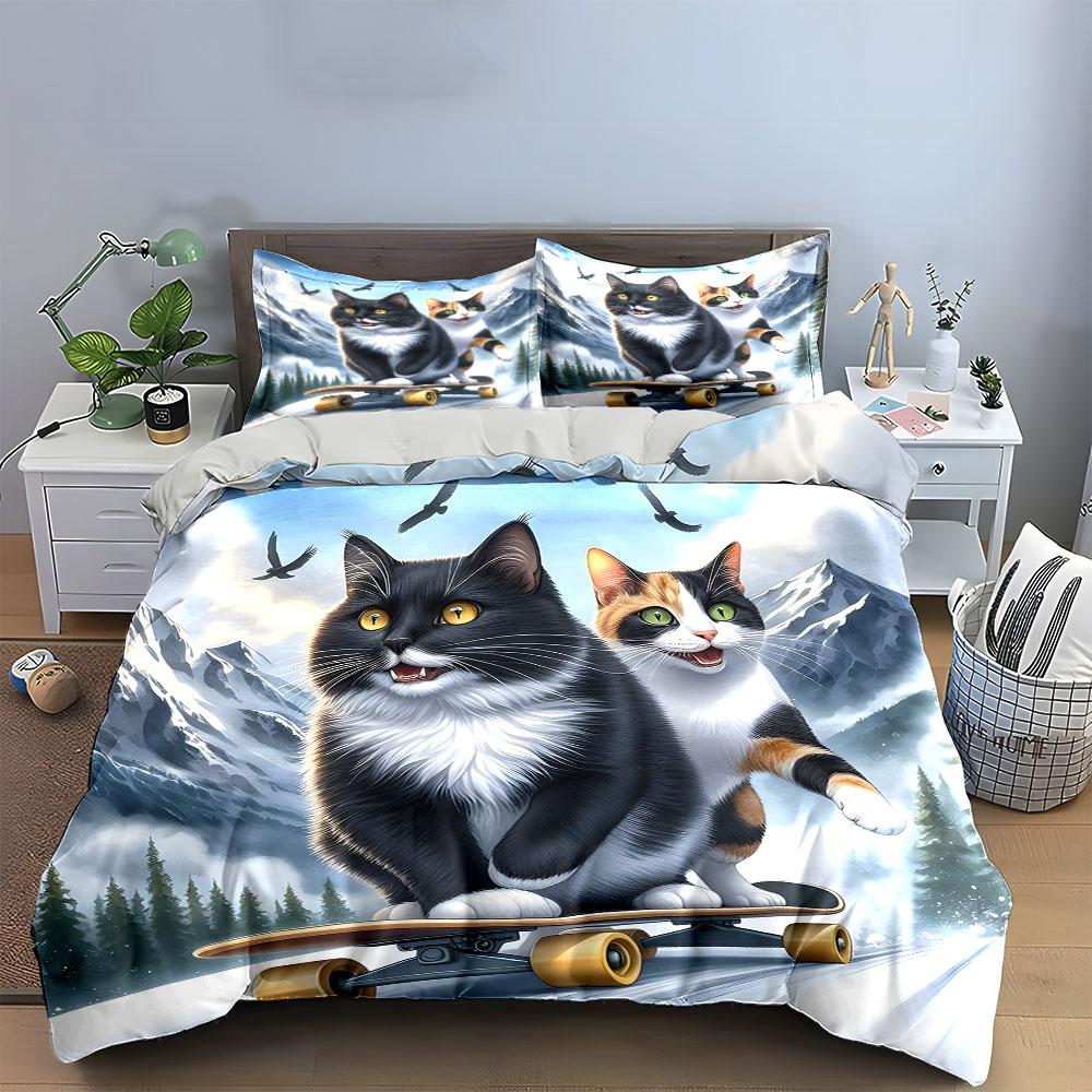 Snowy skateboarding feline duo Bedding sets Duvet covers Pillowcases(1* Duvet Cover 2* Pillowcases without duvet insert)