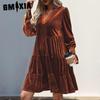 Women's Fashion Spring Autumn Solid Color Print Long Sleeve V-Neck High Waist Casual Dresses