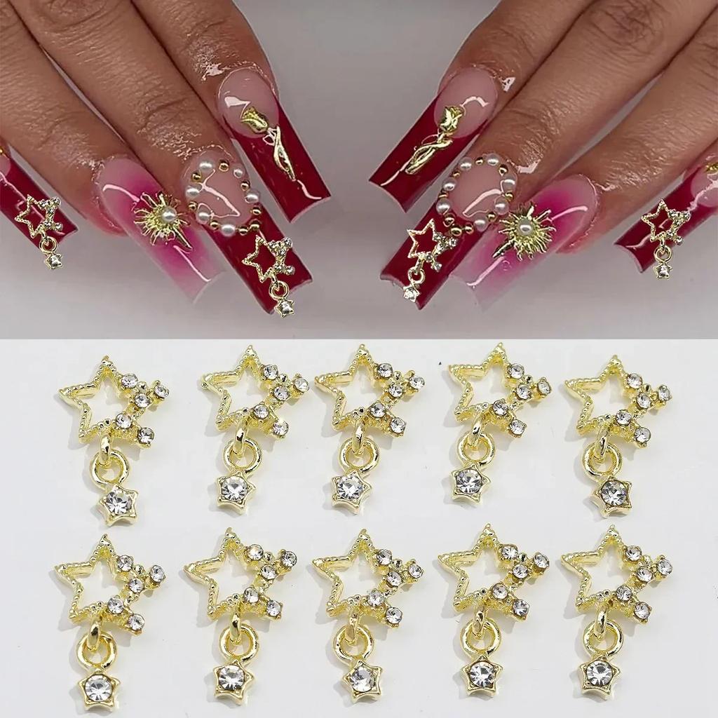 3D Exquisite Heart Crown Five-pointed Rhinestones Nail Charms Luxury Gold/Silver Diamond Jewelry Nail Decoration Accessories