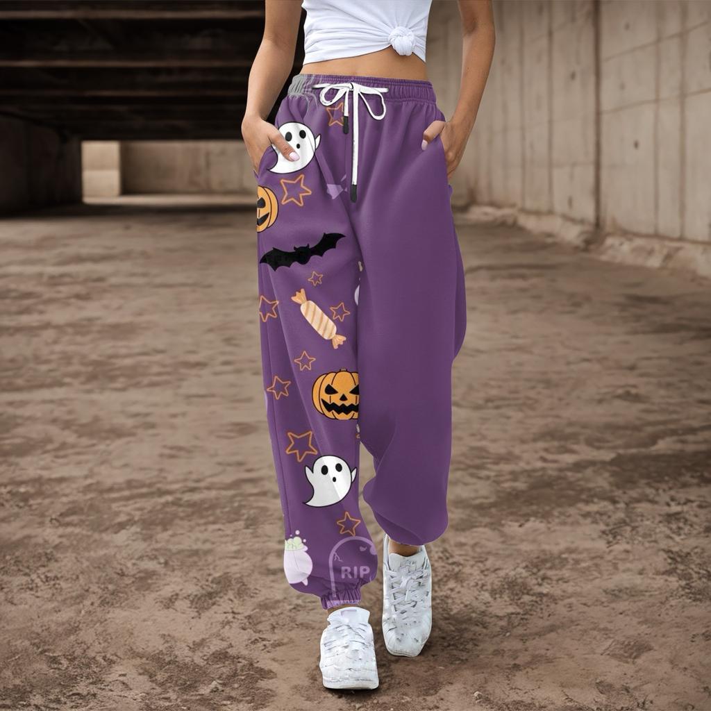 Женские повседневные брюки с принтом на Хэллоуин, эластичные брюки с завязками на талии
