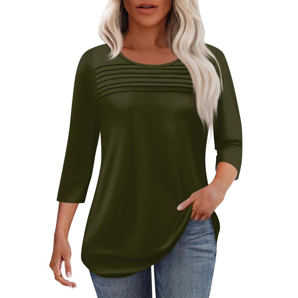 Женская мода круглый вырез шея плиссированная передняя планка однотонный топ рукав 3/4