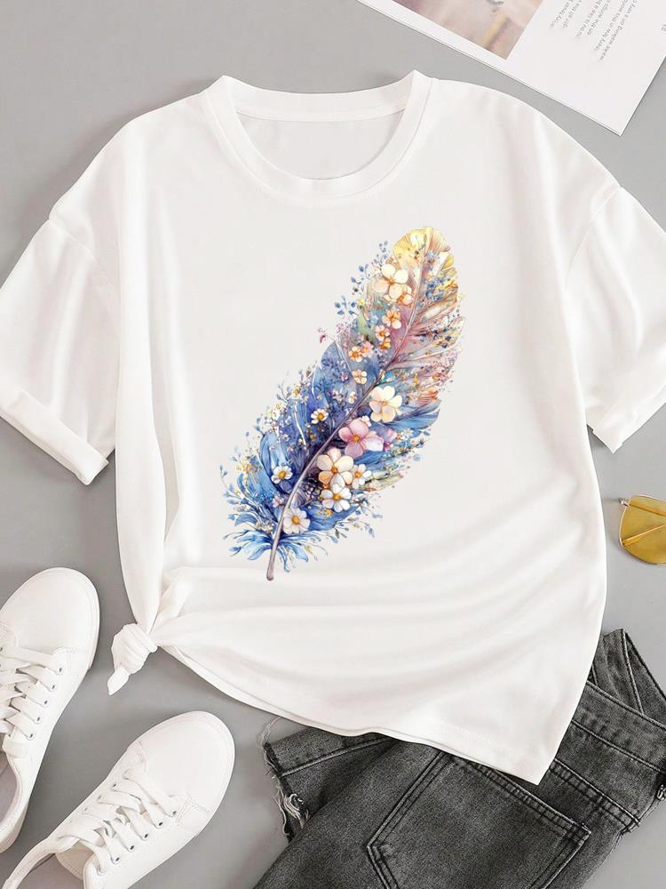 (Asian Size) Sweet Flower Feather Short Sleeve T-shirts Women's Top T Female Print Fashion O-neck Casual Clothing Graphic Tee