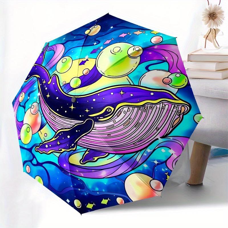 Whale, Fantasy Automatic folding umbrella simple eight rib design, bright color pattern, durable iron frame, ideal for travel and outdoor,