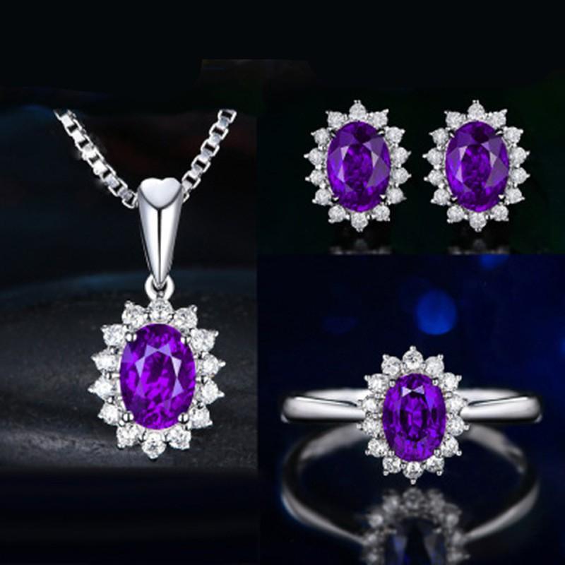 Elegant CZ Gemstone Pendant Necklace Set With Earrings Ring Women Blue Red Yellow Green Purple White Zircon Jewelry