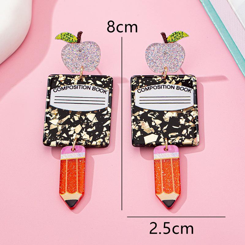 Стильные акриловые серьги-подвески - дизайн Яблоко, Книга, Ручка для шикарного европейского и американского образа