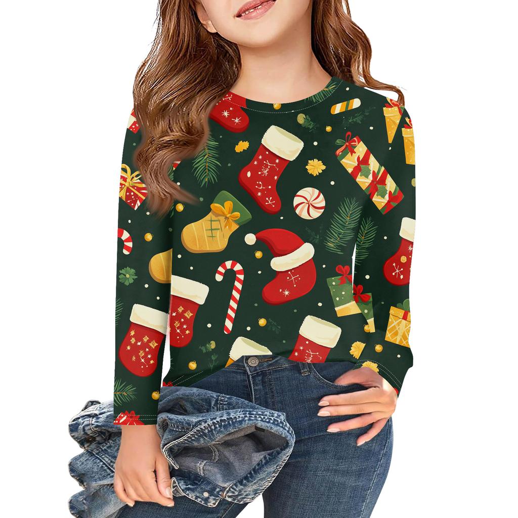 Christmas Day Girls Long Sleeve T Shirts Kids Fall Tops Crewneck Printed Basic Tees