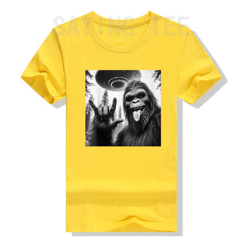 Funny Sasquatch Bigfoot Rock on Selfie with UFO Alien T-Shirt Humorous Father's Day Daddy Gift Short Sleeve Awesome Saying Tee