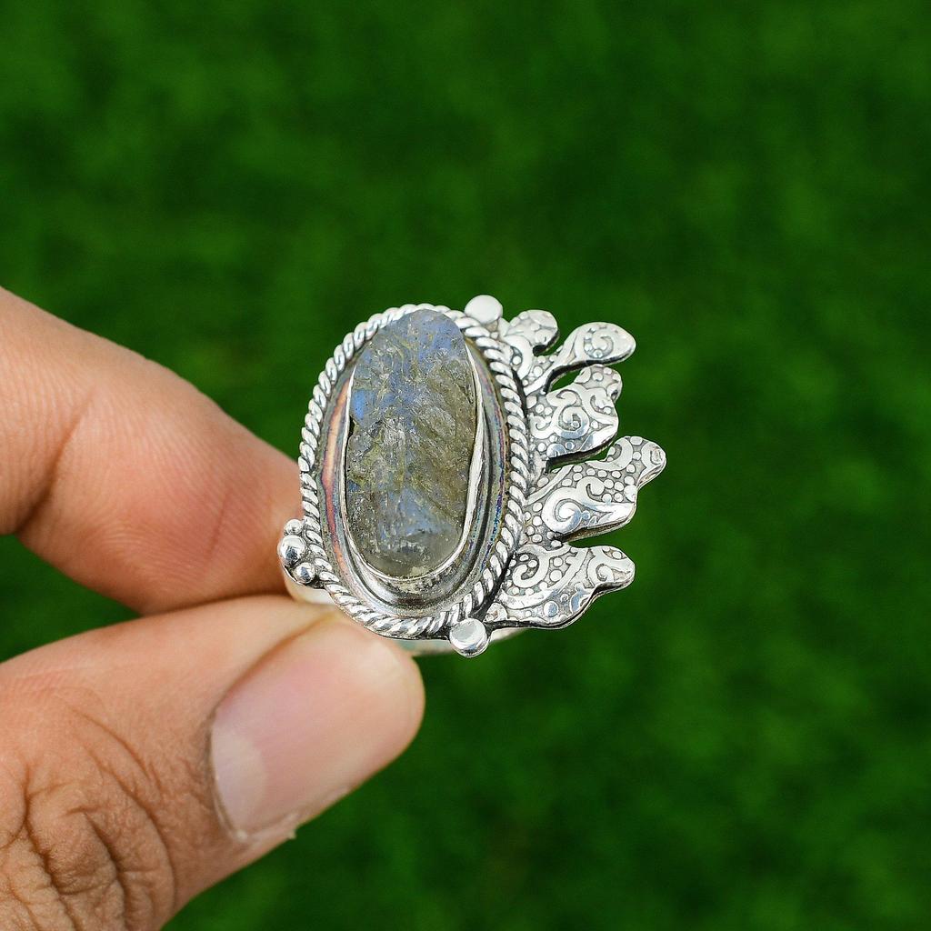Подарок для нее Серебро 925 пробы Натуральный лабрадорит Необработанный Штабелируемое Регулируемое кольцо
