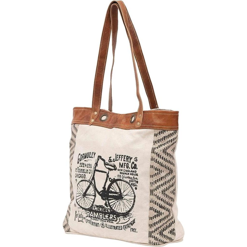 Let's Touch The Sky Leather Bags Bicycle Upcycled Canvas Tote Bag White Tan, Khaki, Brown
