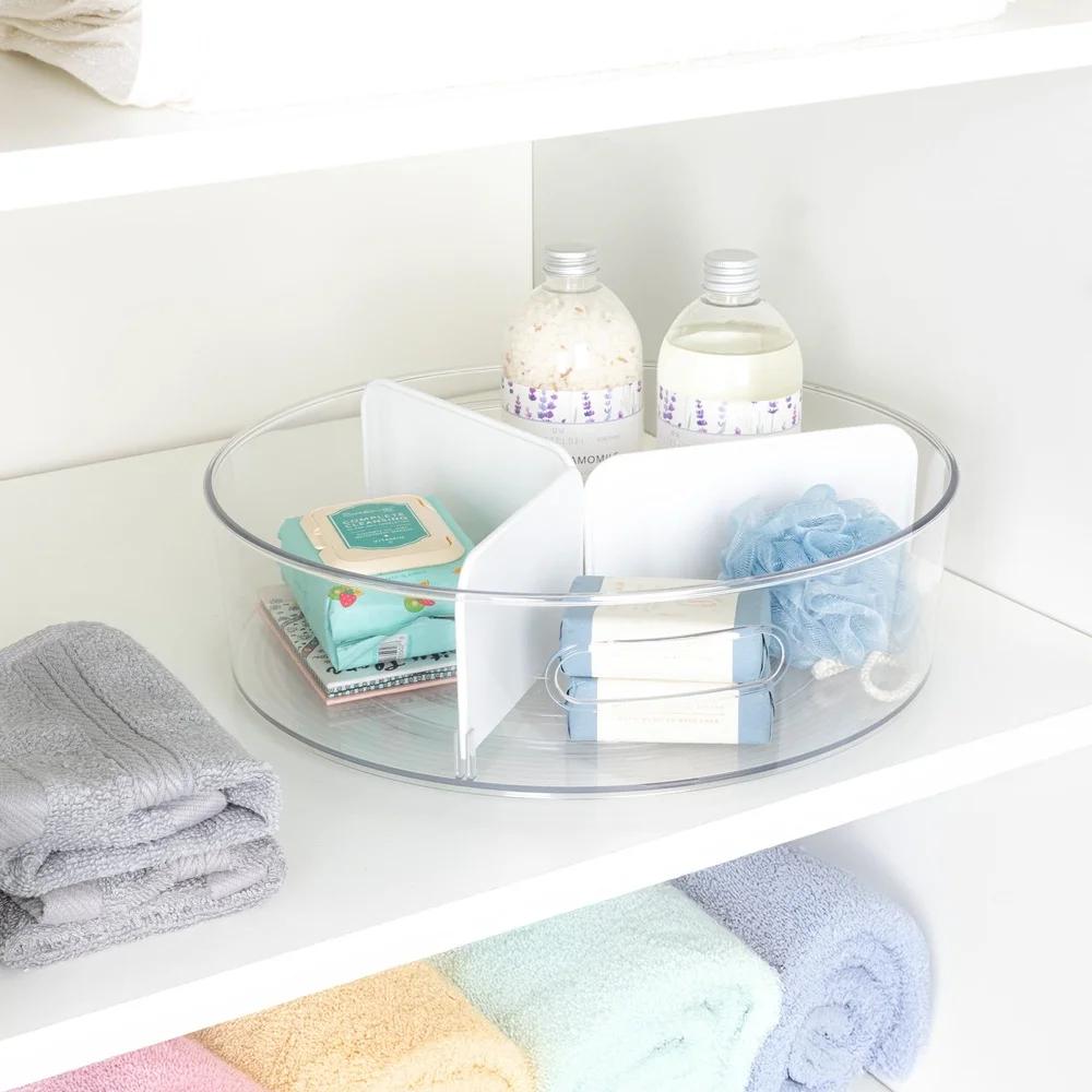 Clear Lazy Susan Turntable with Removable Dividers Storage Solution Kitchen Bathroom Laundry Room Organization Easy Carry Handle