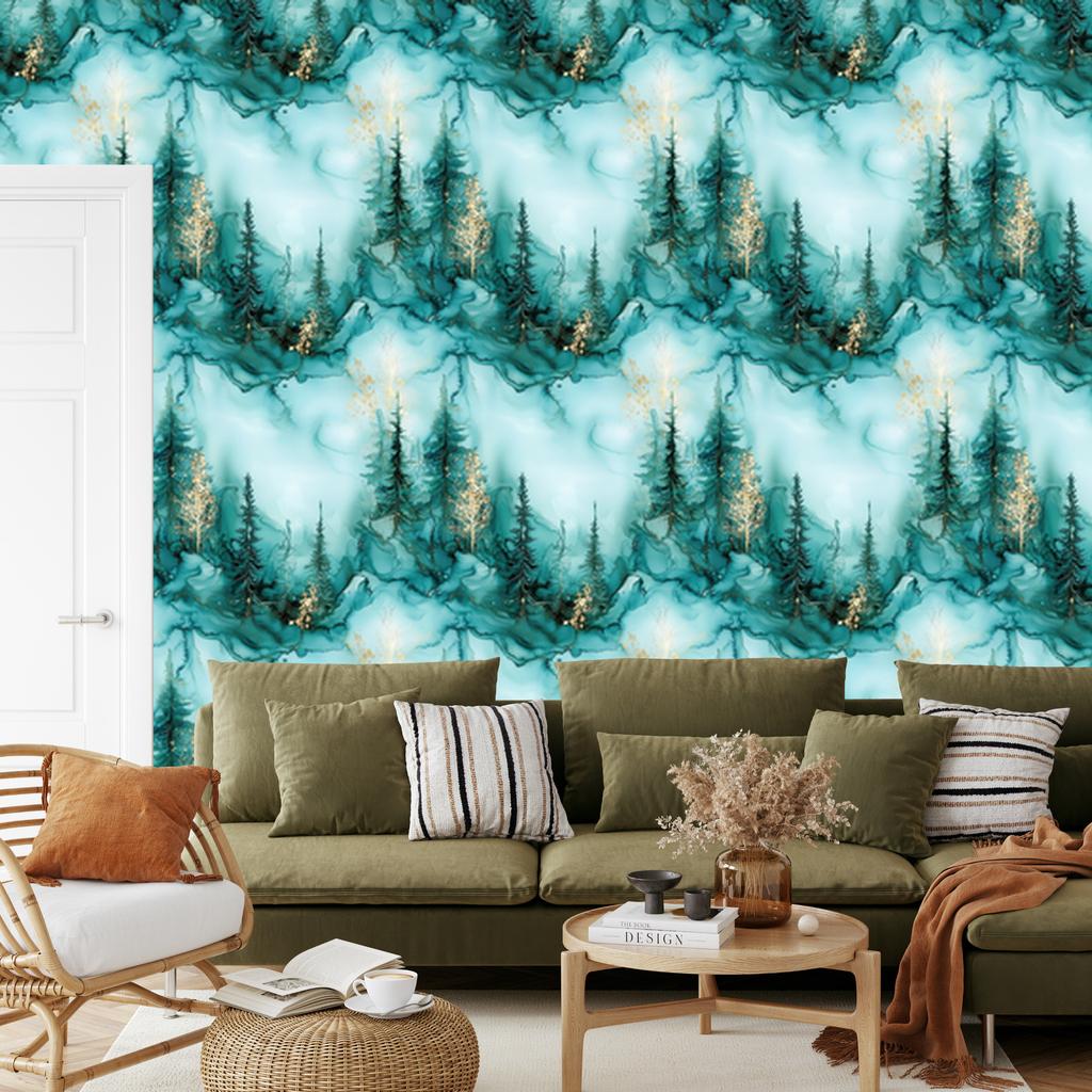 Wallpaper Ink turquoise, celadon, sea green and light gray 50x1000