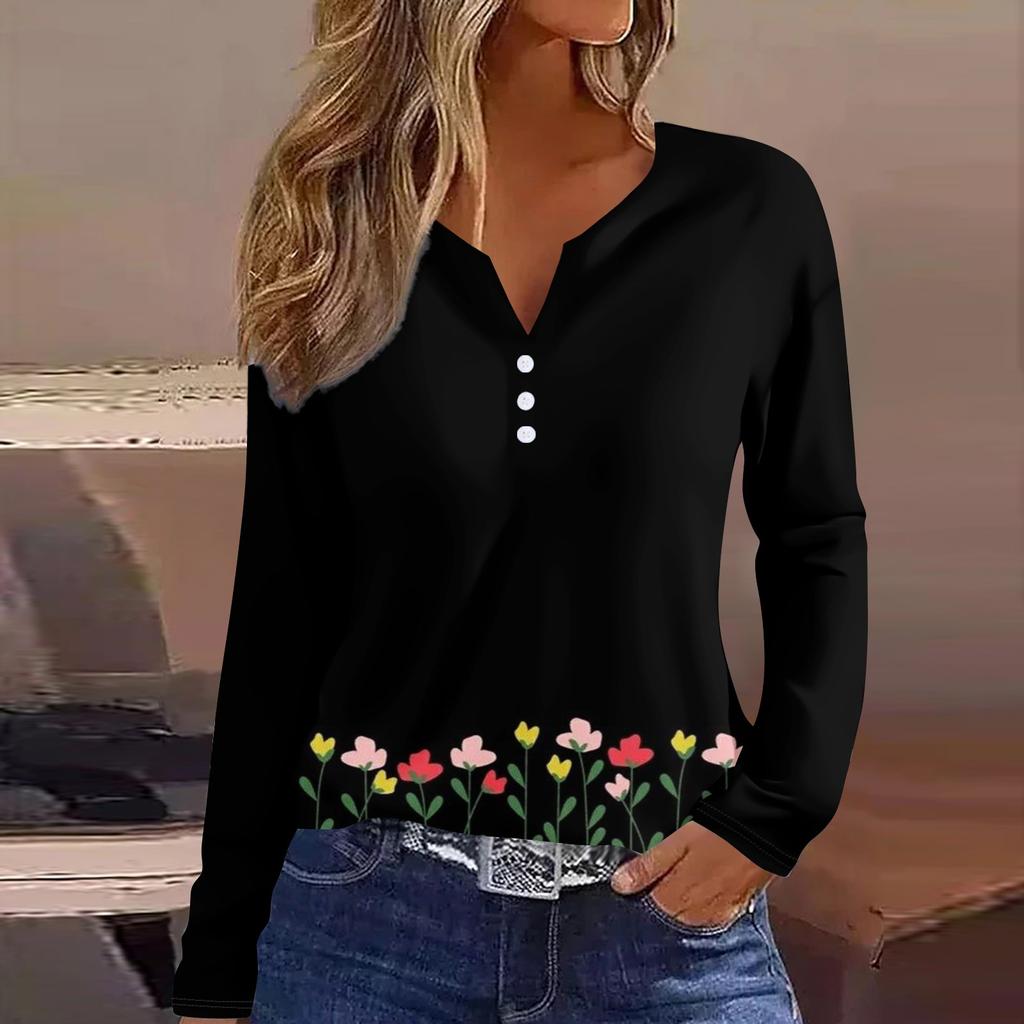 Женская модная повседневная футболка с v-образным вырезом и длинным рукавом с принтом, топ на пуговицах