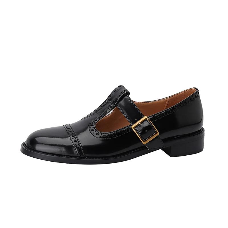 Модные новые весенне-летние туфли Мэри Джейн для женщин из спилковой кожи с круглым носком и толстым каблуком, повседневные броги, черные туфли на массивном каблуке