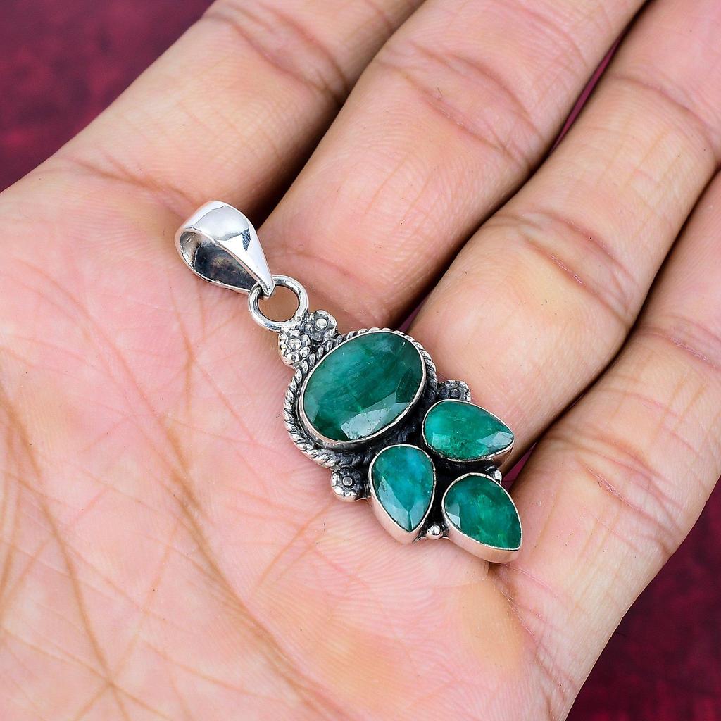 Подвеска с изумрудом, 925 пробы серебряная подвеска с драгоценными камнями, подвеска ручной работы, изумительное украшение, подарок для нее