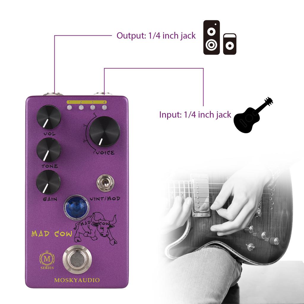 Педаль эффектов искажения для гитары MOSKYAUDIO MAD COW GAIN/VOL/TONE/VINT/MOD/4-Mode Knob DC 9V 6.35mm