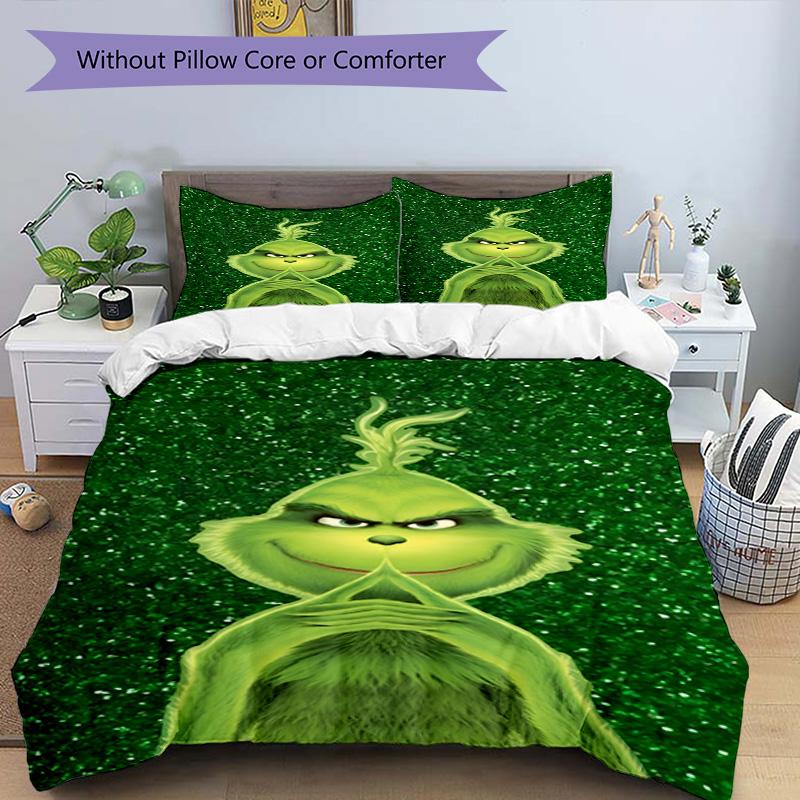 3pcs Duvet Cover Set (1*Duvet Cover + 2*Pillowcase, Without Core), The Grinch Print Bedding Set, Bedroom Decor, All‑Season, Birthday Gift