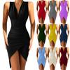 Womens Wrap V Neck Split Wrap Elegant Ruched Cocktail Party Midi Dress Banquet Dress