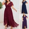 Women Evening Dress V Neck Lace Irregular Hem Short Sleeves Solid Color Dress-up High Waist Ankle Length Plus Size Lady Maxi Dress Women Clothes
