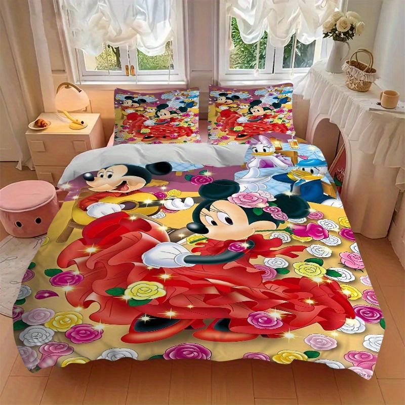 3pcs Mickey Mouse Minnie Mouse Floral Bedding Set, Includes 1 Quilt Cover and 2 Pillowcases, Comfortable Bedding with Stylish Design for Bed