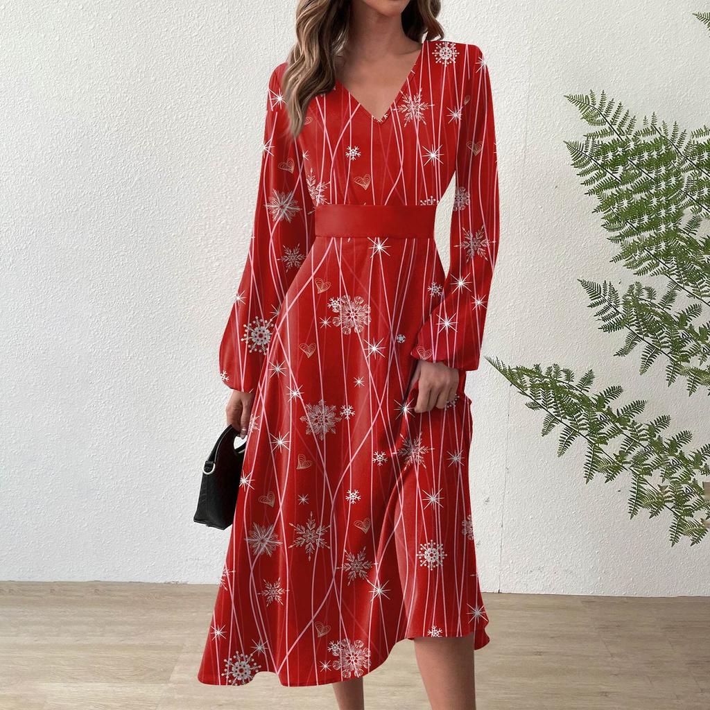 Женское осеннее и зимнее повседневное модное длинное платье с v-образным вырезом и длинным рукавом с рождественским принтом