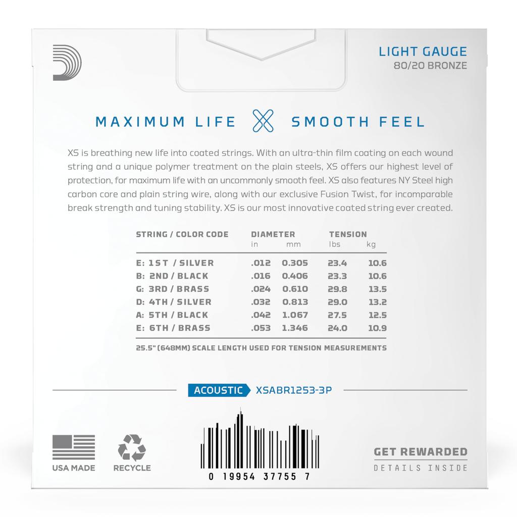 XS Coated Acoustic Guitar Light D'Addario Strings, 80/20 Bronze, .012-.053, XSABR1253-3P, 3-Pack