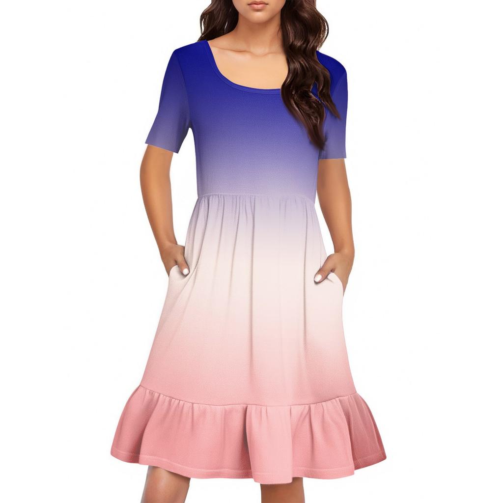 Женское повседневное платье с круглым вырезом и короткими рукавами Платье со складками на талии Платье с складками на талии